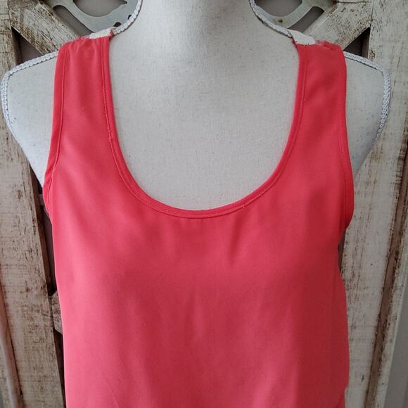 BCX Women's Junior Layered Asymmetric Mesh Crochet Lace Tank Top in Coral - Picture 3 of 7